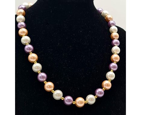 A Multi-Coloured Cultured Pearl Necklace. Gilded spacers and clasp. 10mm pearls. 42cm. 