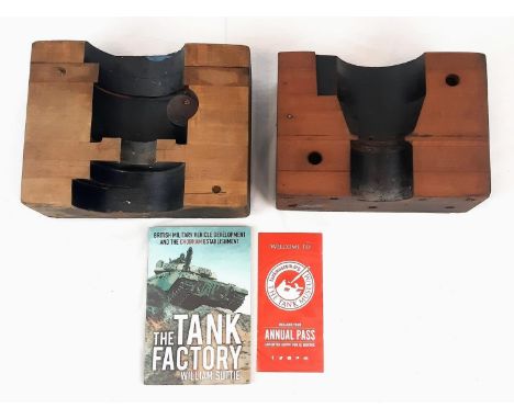A Vintage (Most likely WW2) Set of Wooden Tank Shell Moulds 32cmlength including a 2015 paperback copy of ‘The Tank Factory’ 