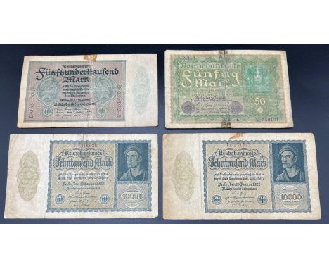Four Rare Vintage Original German Reichsbanknotes 2 x 10000 marks dated 1922 and 1 x 500,000 dated 1923 and 1x 50 dated 1930’