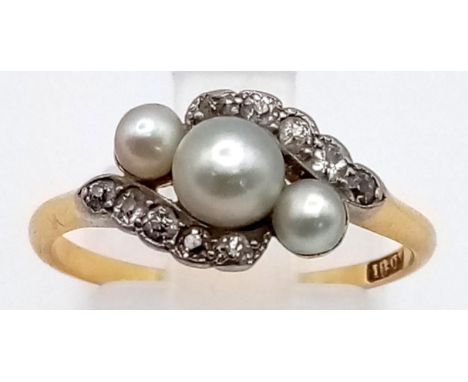 An Edwardian 18K Yellow Gold, Platinum, Natural Pearl and Diamond Ring. Crossover design. Glorious. Size O. 2.82g total weigh