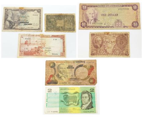 A Collection of 7 Vintage Various Country Original Bank Notes comprising; An Australian 2 Dollar Note, A Central Bank of Nige