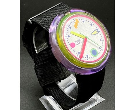 A Rare Limited Edition Vintage Pop Swatch Watch. Cloth strap. Case - 55mm. In working order. 