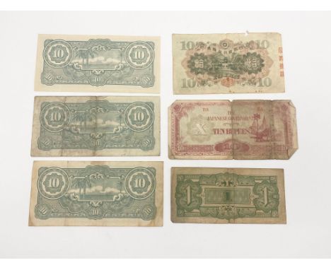 Five Rare Vintage Original Japanese Bank Notes in Dollars, Yen and Rupees. 
