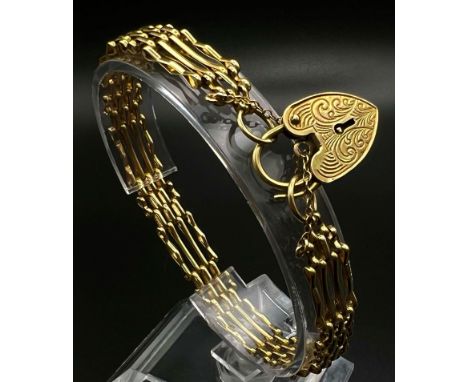 A Vintage 9K Yellow Gold Ladder-Link Bracelet with Heart Clasp and Safety Chain. 18cm. 13g. 