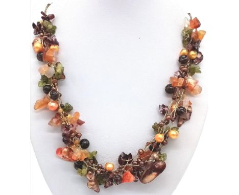 A Wonderful Mixed Coloured Pearl and Gemstone Necklace - 52cm. 