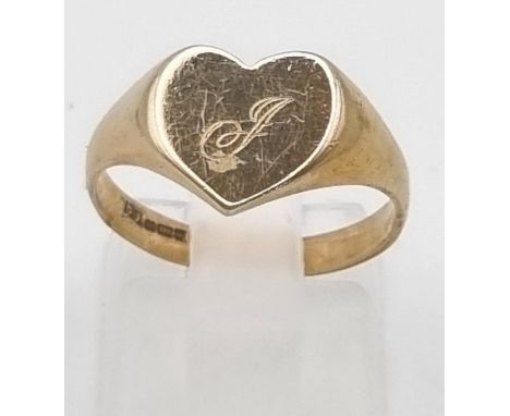9K YELLOW GOLD HEART SIGNET RING ENGRAVED J INITIAL 2.6G SIZE M 