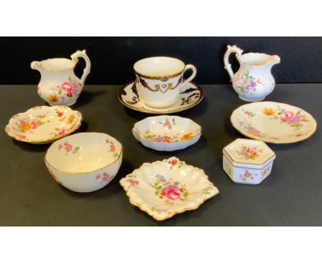 Royal Crown Derby - a Majesty pattern cup and saucer;  posies cream jugs;  trinket bowls;  oval dish;  trinket box and cover 