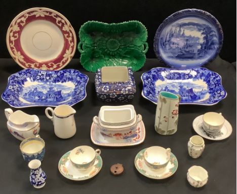 Ceramics - a Wedgwood majolica shaped rectangular bowl;  lattice jug;  an early 19th century Spode Willow pattern cup; pair o