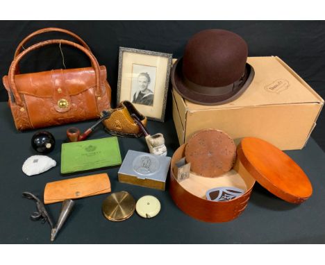 A novelty pipe, as a Bearded Gentleman; Trench Art disc bowl; match box cover, Dunn &amp; Co brown Bowler Hat; tooled leather