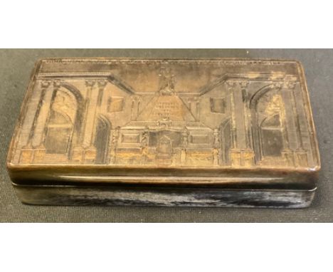 An early 19th century rectangular pressed horn snuff box, the cover with Tombeau de Napoleon Empereur Des Francais Athotel de