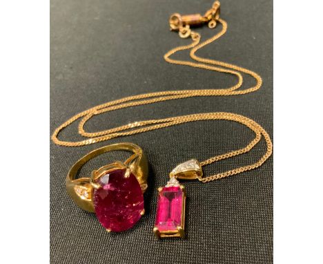 A diamond and vibrant red stone dress ring, 18ct gold shank, size R, 7.7g gold;  a similar baguette pendant necklace, 18ct go