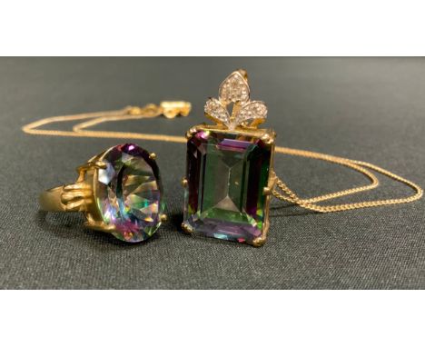A mystic topaz and white sapphire pendant necklace, 9ct gold mount and chain, 12g gross;  a similar coloured dress ring, 9ct 