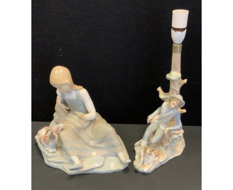 A Lladro figure of a girl sat with a goat, 1971-1978, 26cm high; another Lladro figure 4571 of a boy sat with a dog, 37cm hig