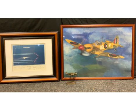 Arthur Gibson, after, Concord and Red Arrows, coloured print, signed by Red Arrow;  Bex, a Spitfire, mixed medium;  a brass m