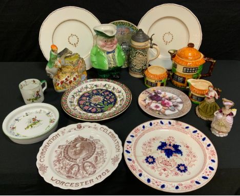 Ceramics - a Cottage ware three piece teaset;  Minton Ribbons bowl  pair of Royal Worcester gilt plates;  Staffordshire flatb