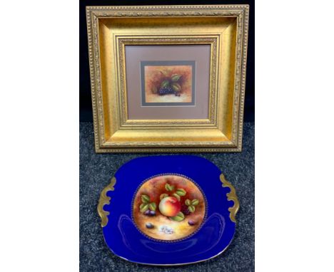 M Holdsworth painted cabinet plate, grapes, blackberries and apple, signed, cobalt ground, gilt handles, 26cm wide; watercolo