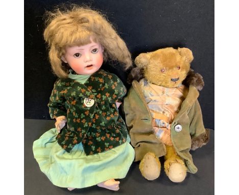 A Schoenau &amp; Hoffmeister Hanna 3 character doll, sleeping brown eyes, open mouth, light brown wig, composite body, impres