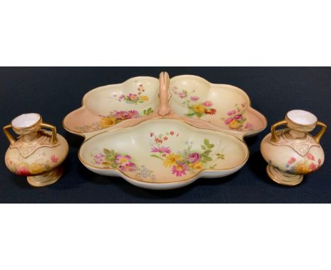 A Royal Worcester three section blush ivory hor d' oeuvre dish;  two similar vases 