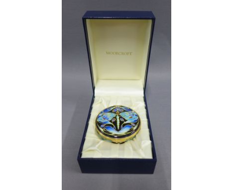 Moorcroft enamel trinket box, the circular cover with dragonfly pattern, with well kept presentation box, 7.5cm 