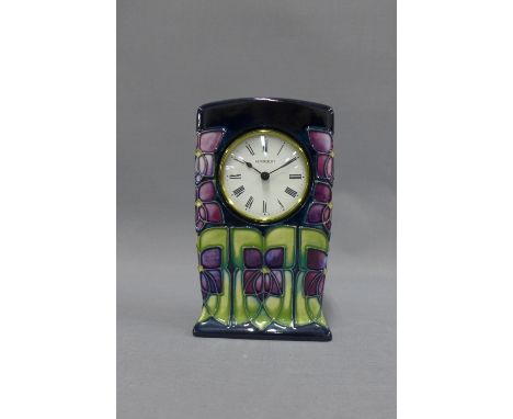 Moorcroft pottery mantle clock with art nouveau floral pattern, with well kept presentation box, 16cm high 