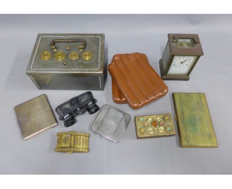 Mixed lot to include two silver cigarette cases, opera glasses, two brown leather cigar cases, shot cups, carriage clock, etc