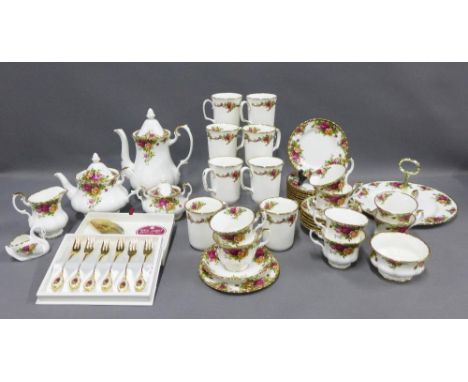 Royal Albert Old Country Roses tea and coffee set with cups, saucers, side plates, mugs, pastry forks, cake plate, swan trink