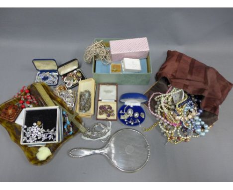 A quantity of vintage and later costume jewellery and a white metal mirror, etc (a lot)