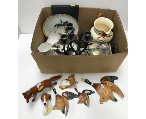 A collection of various sporting china wares etc including a pair of Royal Worcester wall masks of a fox (No. 3024) 11 cm hig