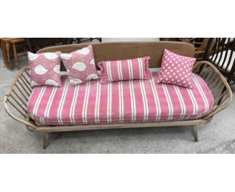 Two Lucian Ercolani for Ercol Model 355 Studio Couch (sofas or daybeds) in beech and elm, having a panel back and spindle and