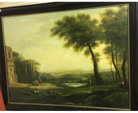 CONTINENTAL SCHOOL AFTER CLAUDE LE LORRAINE “Classical landscape with figures and ruins, a bridge and further figures in the 