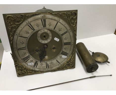 An 18th Century long case clock movement, the square brass dial with silvered chapter ring, Roman and Arabic numerals inscrib