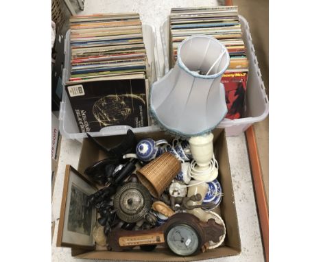 A box of sundry items to include various wooden carved African figures, plated three piece tea set, alabaster table lamp, etc