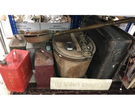 A collection of vintage Jerry cans to include Shell and Esso, a coopered barrel/coal bucket, a leather suitcase, fishing equi