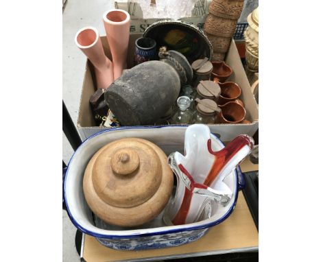 A collection of items to include a modern Chinese style blue and white foot bath, a Murano glass type vase and tear drop orna