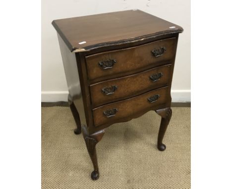 A mid 20th Century burr walnut chest of three long drawers on cabriole legs, 85 cm wide x 50 cm deep x 90 cm high, a similar 