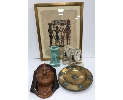 A collection of Egyptian/Egyptian influenced items including a painted papyrus panel with figure decoration framed and glazed