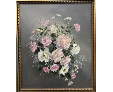 ELENED DE WINTON "Carnations and roses" a still life study, oil on canvas, signed lower left, inscribed on Royal Academy Exhi