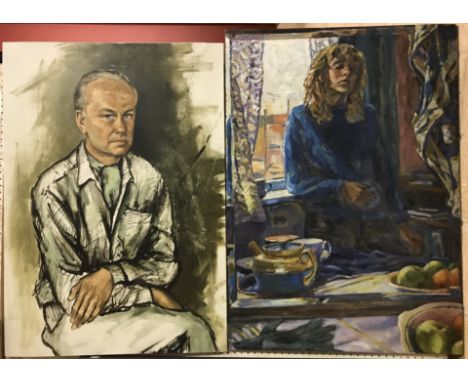 RENE CAZASSUS "Portrait of a man", oil on canvas, unsigned, 86 cm x 61 cm, together with "Portrait of a woman leaning against