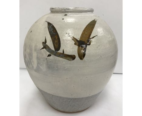 A William "Bill" Marshall (1923-2007) stoneware ovoid vase with pearly white glaze and green / brown leaf-like splashes, impr