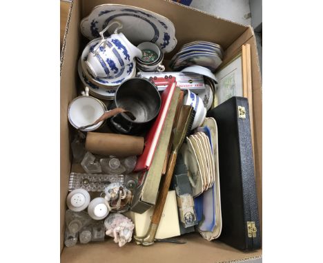 A box containing assorted decorative china ware to include Crown Staffordshire "Blue Dragon", various glass cruets, small sta