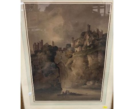 ATTRIBUTED TO JOHN CROME (NORWICH SCHOOL) "Chepstow Castle", study of a ruined buildings with bridge and figures in a rowing 