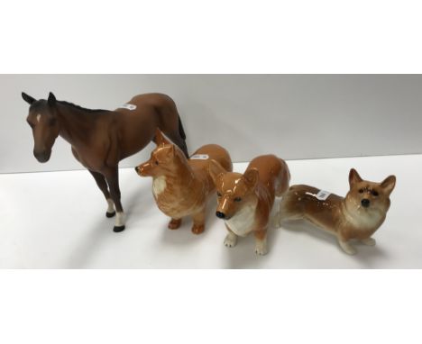 A Beswick figure of a "Chestnut hunter", 25 cm long x 20 cm high, a Beswick figure of a "Corgi", 18 cm long and two further f