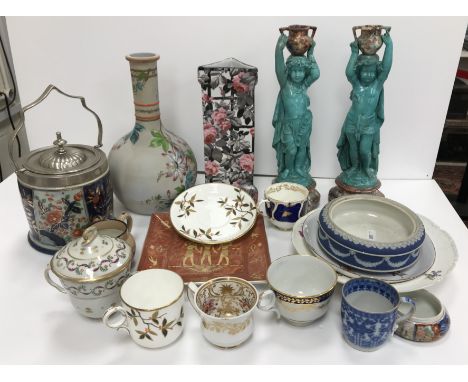 A box of various Continental and English china wares including a pair of turquoise glazed figural candlesticks as classically