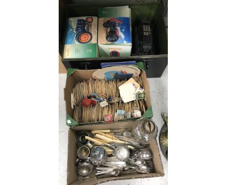 A box containing assorted plated cutlery and mustards, a box containing assorted vintage beer mats to include Guinness and Ba