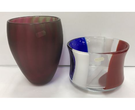 A Rebecca Morgan frosted glass green and red striped vase, 22 cm high, together with an Eric Höglund red, white and blue wais