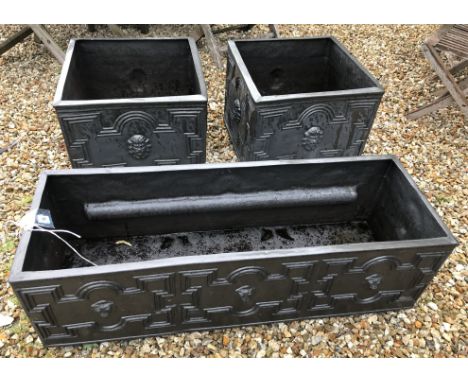A pair of square fibreglass lead effect garden pots in the form of mid 18th Century urns, 51 cm wide x 51 cm deep x 40 cm hig