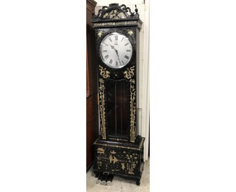 A 20th Century black lacquered and faux mother of pearl inlaid cased long case clock in the Chinese taste, the German three t