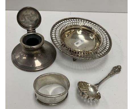A George V silver bowl with pierced rim, raised on four foliate decorated scroll feet (by Adie Brothers, Birmingham 1933), 12