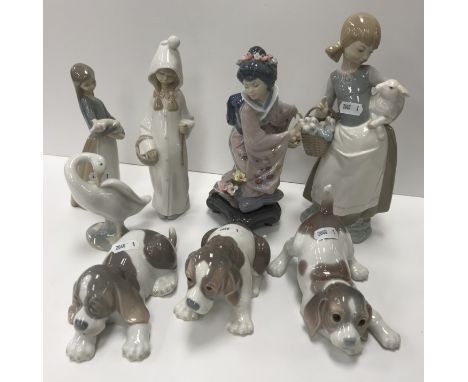 A collection of eight Lladro figures to include "Geisha with basket of flowers", circa 1984 (8XV09),  21 cm high, "Young girl