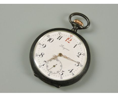 A Longines cracked ice design back base gun metal and gold plated open faced pocket watch, with white enamel dial, Arabic num